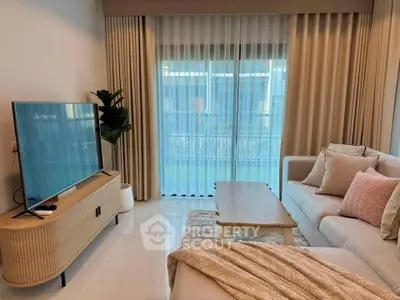 Elegant living room with modern decor and large window view