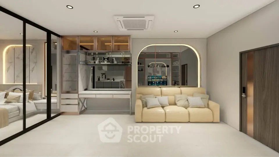 Modern living room with sleek design, mirrored walls, and cozy beige sofa in a luxurious apartment.