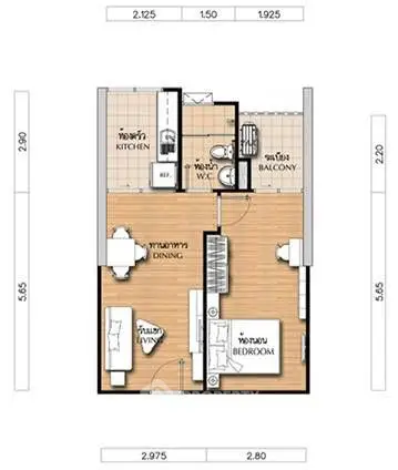Modern apartment floor plan with kitchen, living room, bedroom, and balcony layout.