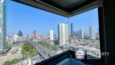 Stunning city view from modern bathroom with large corner window