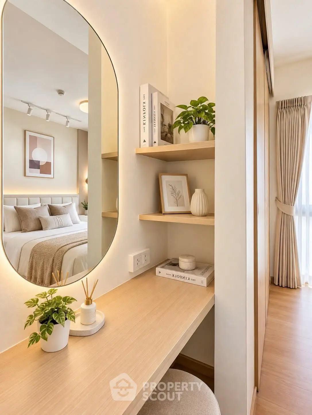 Stylish bedroom with elegant decor and natural light, featuring a cozy workspace and modern shelving.