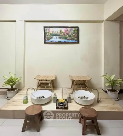 Elegant spa-like bathroom with dual foot baths and serene decor