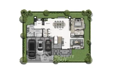 Modern house floor plan with spacious layout and three-car garage, ideal for family living.