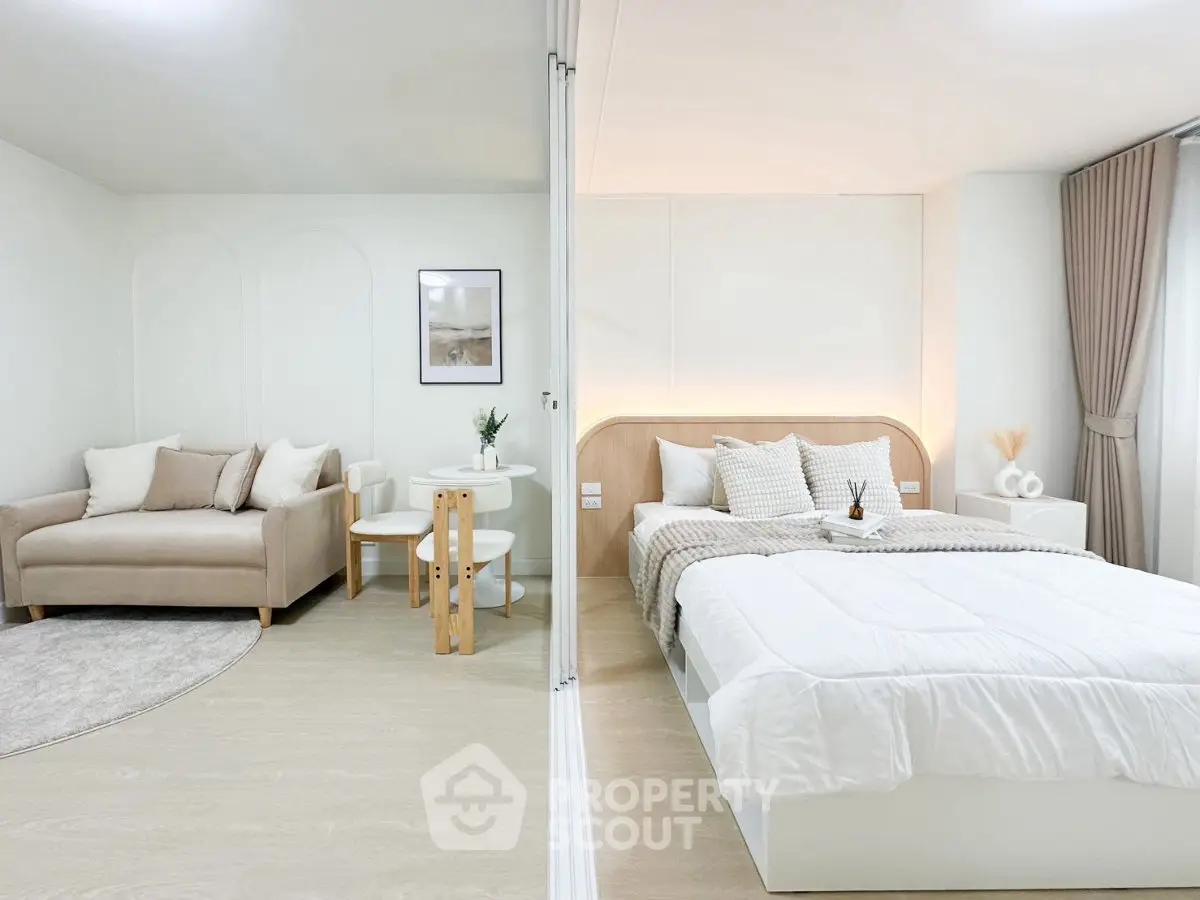 Modern studio apartment with cozy living area and stylish bedroom