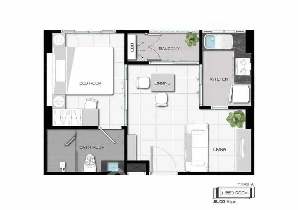 Modern 1-bedroom apartment floor plan with balcony and open kitchen layout.