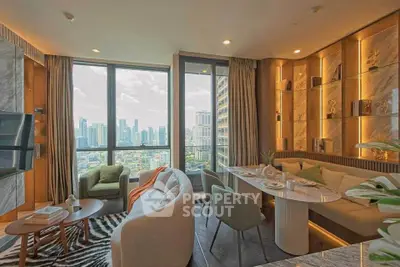 Luxurious modern living room with panoramic city view and elegant decor