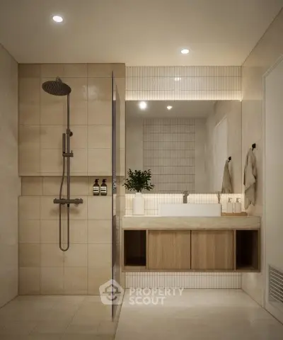 Modern bathroom with elegant fixtures and ambient lighting