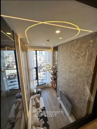 Luxurious high-rise living room with stunning city view and modern decor