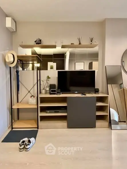 Modern living room with sleek TV stand and stylish decor