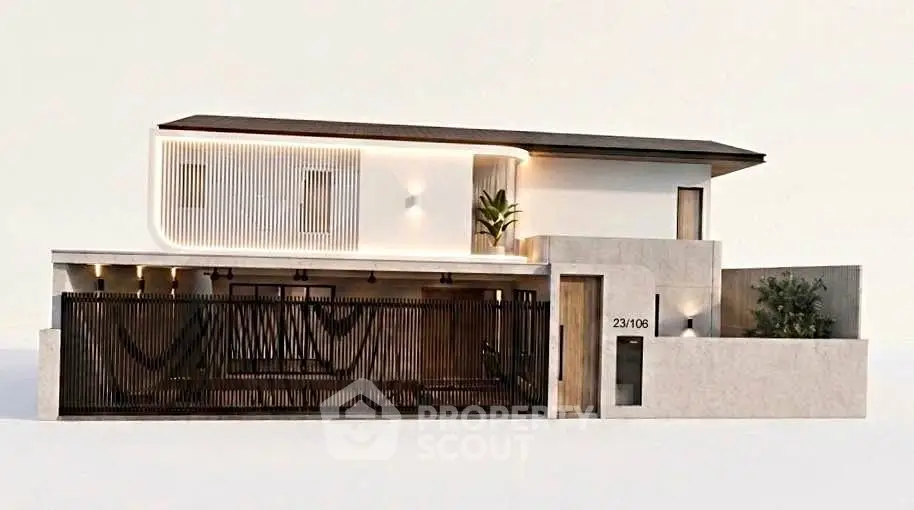 Modern architectural home exterior with sleek design and elegant lighting