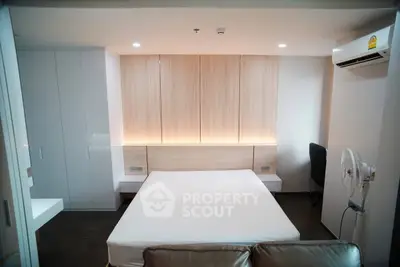 Modern bedroom with sleek design and ambient lighting