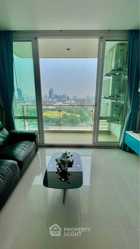 Luxurious living room with stunning city view and modern decor