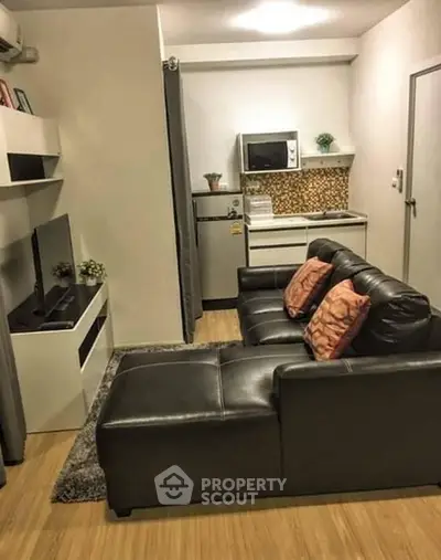 Cozy living room with modern kitchenette, featuring a black leather sofa and stylish decor.