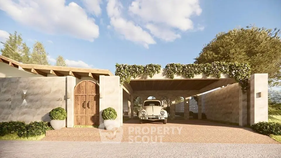 Charming vintage carport with rustic wooden gate and lush greenery