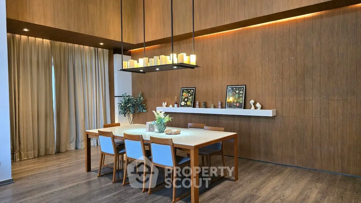 Elegant dining room with modern wooden decor and ambient lighting