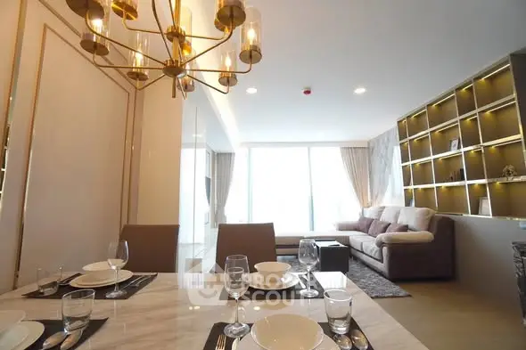 Luxurious modern living room with elegant dining area and stylish lighting