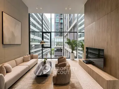 Luxurious modern living room with floor-to-ceiling windows and elegant furnishings in a high-rise building.