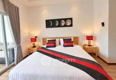 Luxurious bedroom with modern decor and large bed in stylish apartment