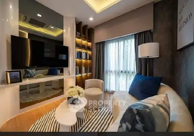 Luxurious modern living room with stylish decor and large TV, perfect for relaxation and entertainment.