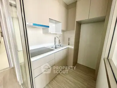 Modern compact kitchen with sleek cabinetry and dual sinks in a contemporary apartment.