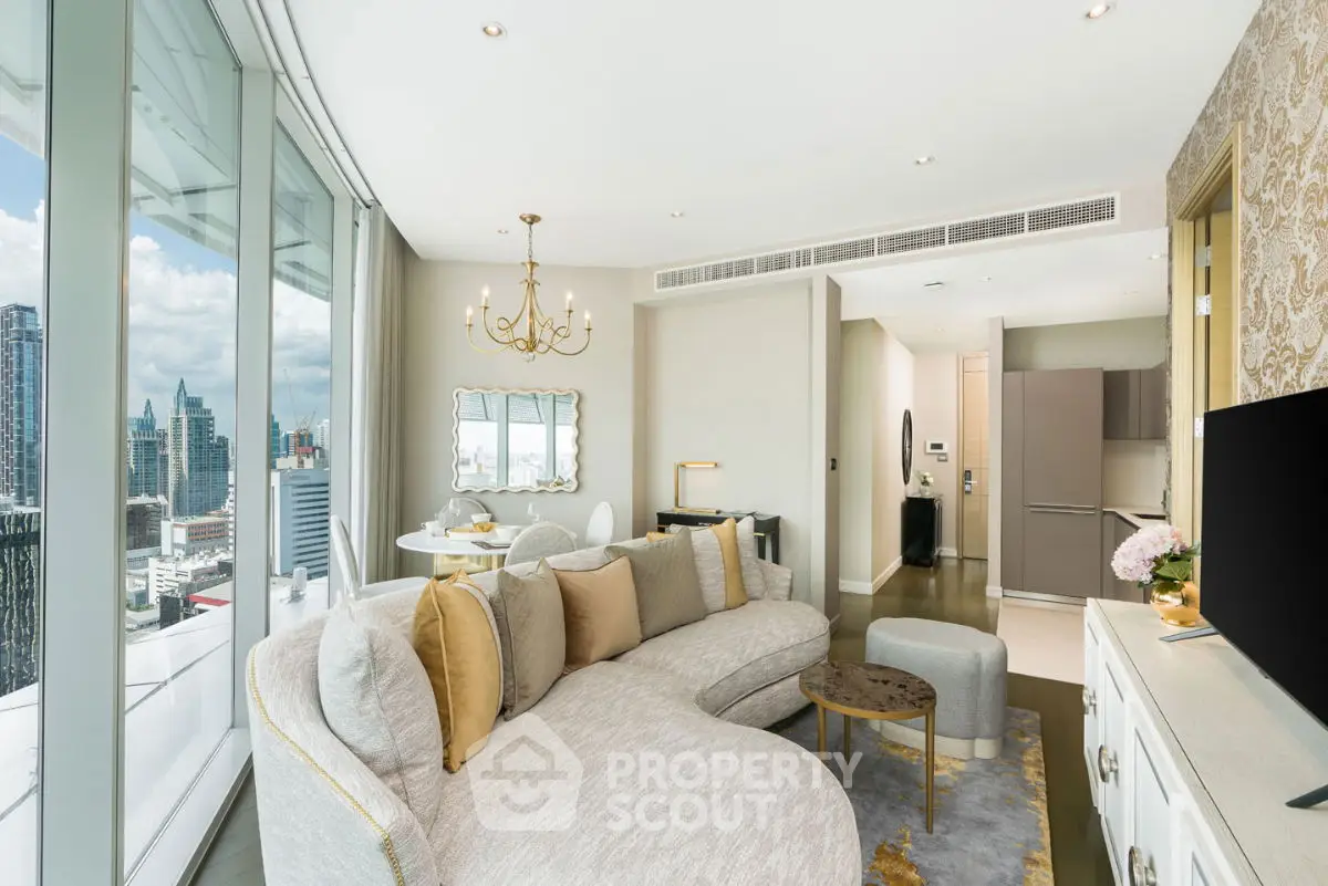 Luxurious modern living room with city view and elegant decor