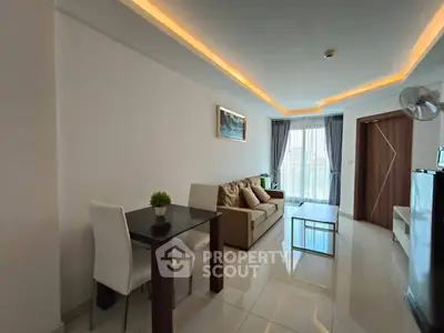 Modern living room with sleek furniture and ambient lighting