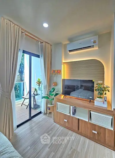 Modern bedroom with balcony access and stylish decor