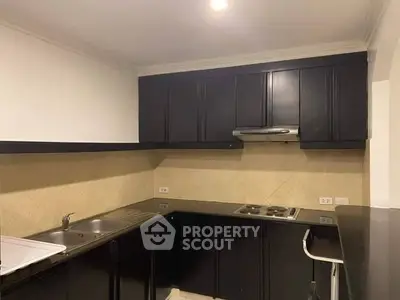 Sleek modern kitchen with dark cabinetry, stainless steel sink, and built-in gas stove, perfect for culinary enthusiasts.