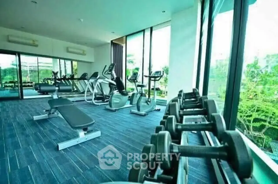 Modern gym with state-of-the-art equipment and large windows offering a scenic view.