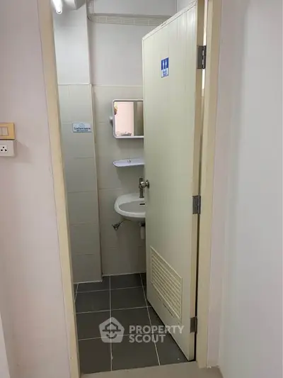 Compact bathroom with white sink and mirror, ideal for small spaces.