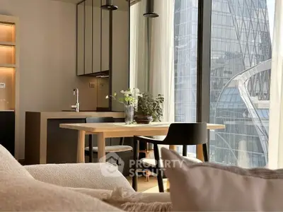 Modern dining area with large windows and city view, featuring sleek furniture and elegant decor.