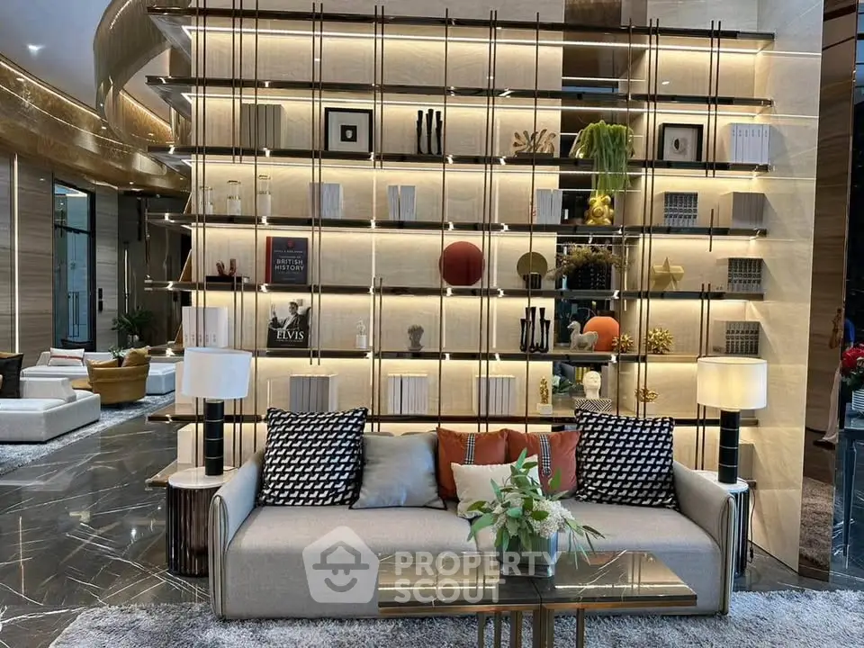 Luxurious modern living room with elegant decor and stylish shelving
