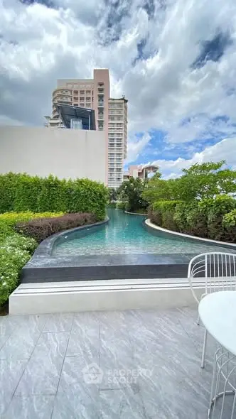 Luxurious poolside view with modern architecture and lush greenery