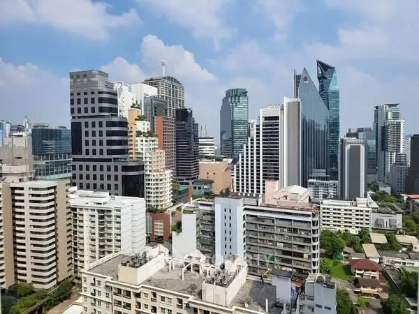Stunning cityscape view showcasing modern skyscrapers and urban architecture under a clear blue sky.