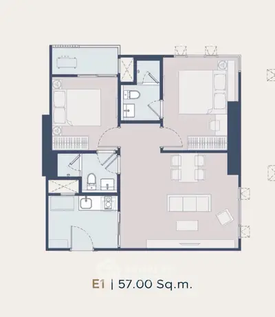 Modern 57 sqm apartment floor plan with two bedrooms and open living area.