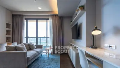 Modern living room with stylish decor and city view, featuring a cozy sofa and sleek entertainment unit.