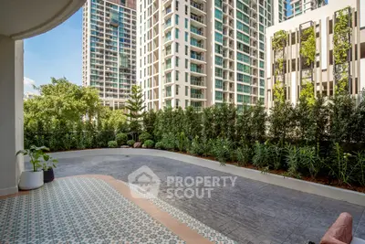 Spacious urban balcony with lush greenery and cityscape views, perfect for relaxation and outdoor activities.