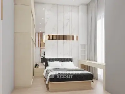 Luxurious modern bedroom with elegant marble accent wall and sleek furnishings.