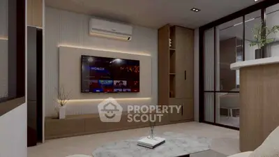 Modern living room with sleek design, featuring a wall-mounted TV and stylish furniture.