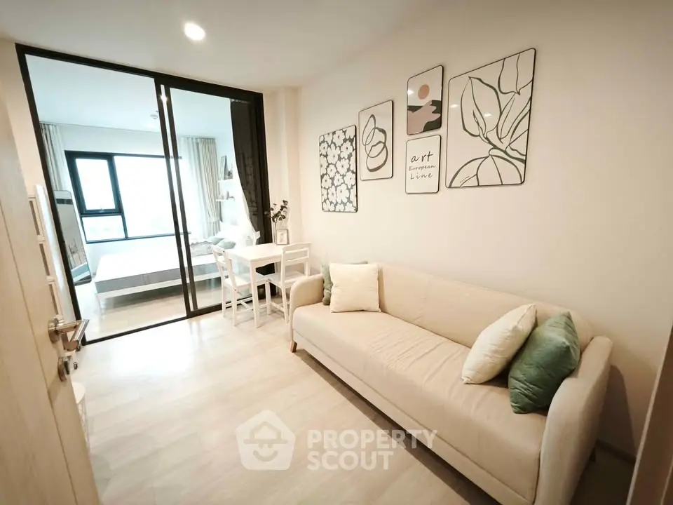 Modern living room with stylish decor and cozy seating area
