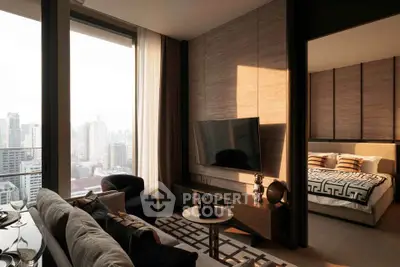Luxurious modern living room with city view and elegant bedroom