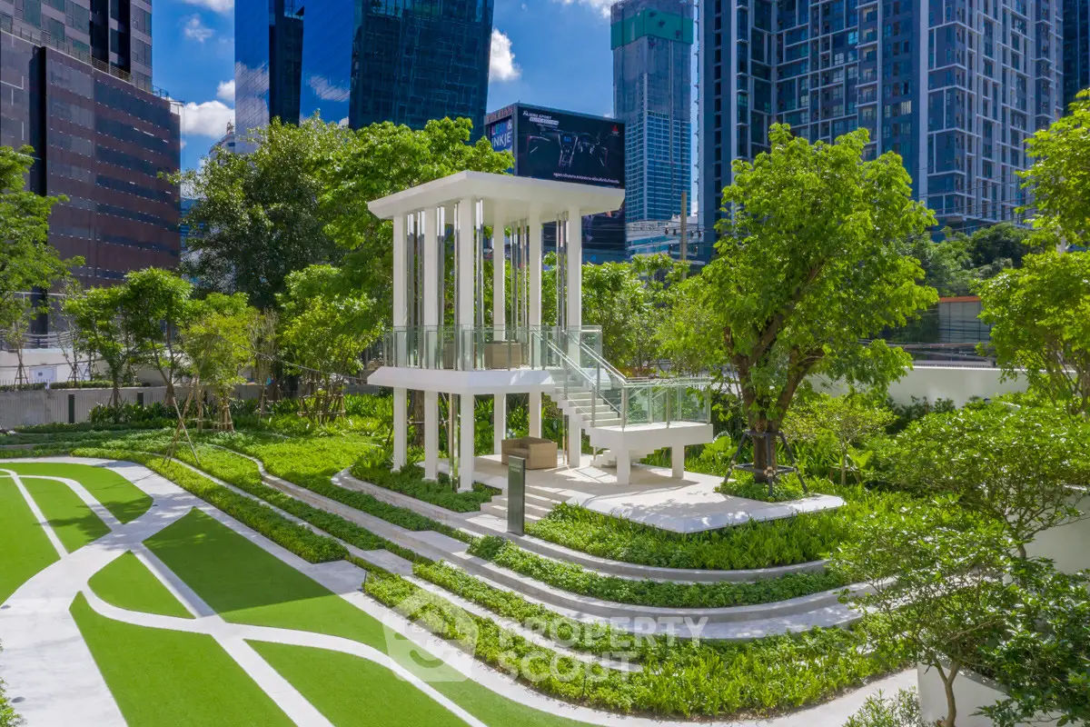 Modern urban garden with unique architectural structure and lush greenery