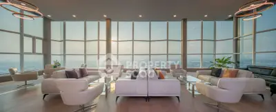 Luxurious penthouse living room with panoramic city views and elegant modern furniture.