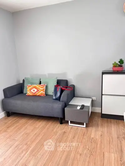 Cozy living room with modern gray sofa and stylish decor