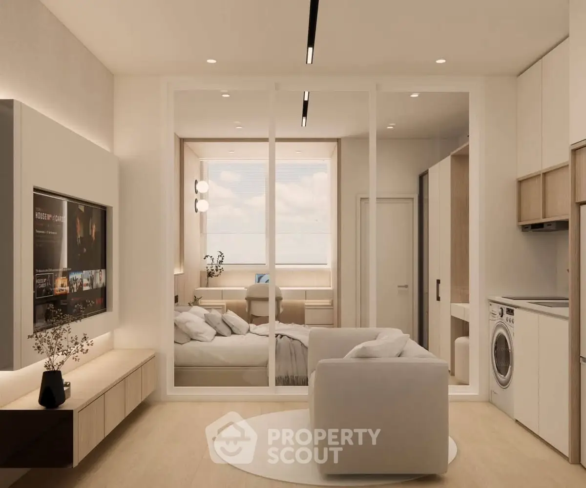 Modern studio apartment with open layout, featuring a cozy living area, stylish kitchen, and a comfortable bedroom.