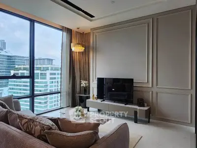 Luxurious living room with modern decor and stunning city view from large windows.