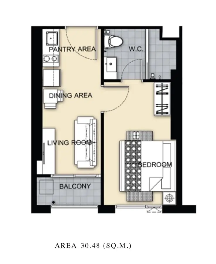 Compact 30.48 sqm apartment floor plan with balcony, living room, dining area, and bedroom.