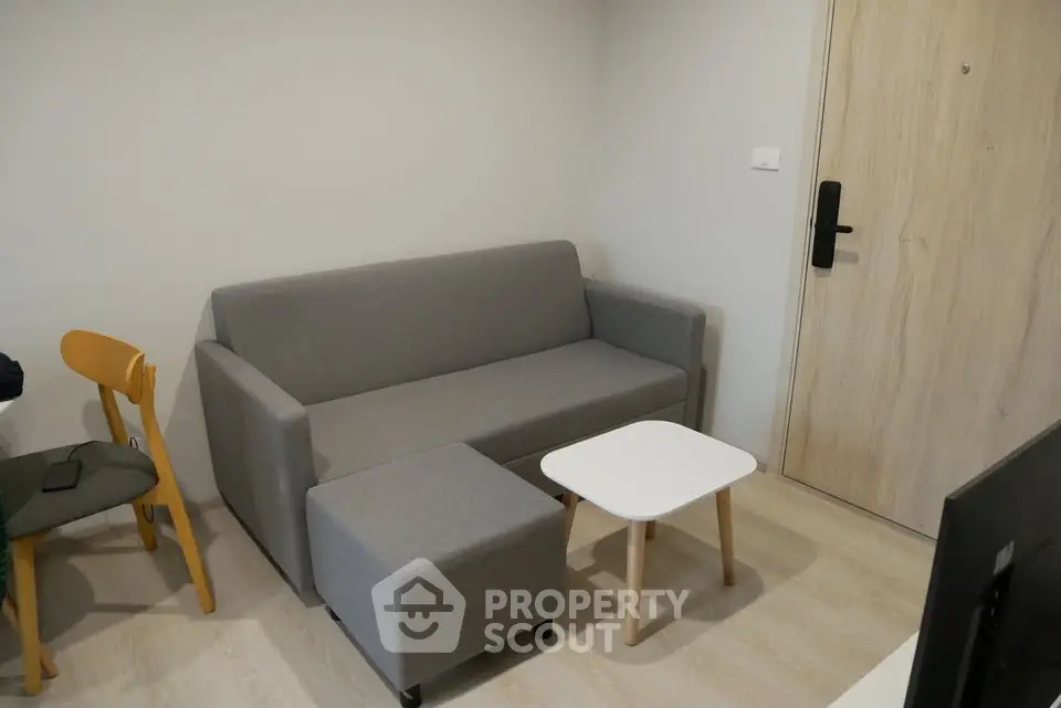 Modern compact living room with gray sofa and minimalist decor