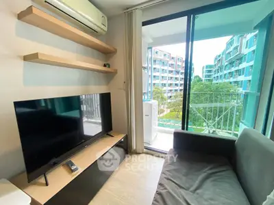 Modern living room with balcony view in urban apartment