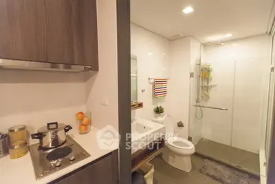 Modern bathroom with glass shower and compact kitchen area